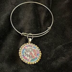 Silver Bangle Bracelet with 'Beach Babe' Charm and Pink Accents